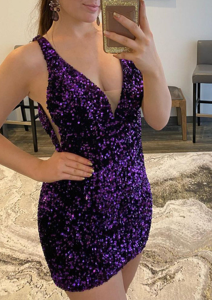 Lumidress Sparkling Velvet Sequin V-Neck Short Homecoming Dress