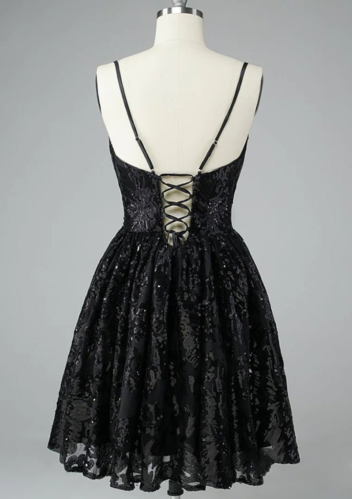 Lumidress Sparkling A-Line V-Neck Sleeveless Sequin Mini Homecoming Dress