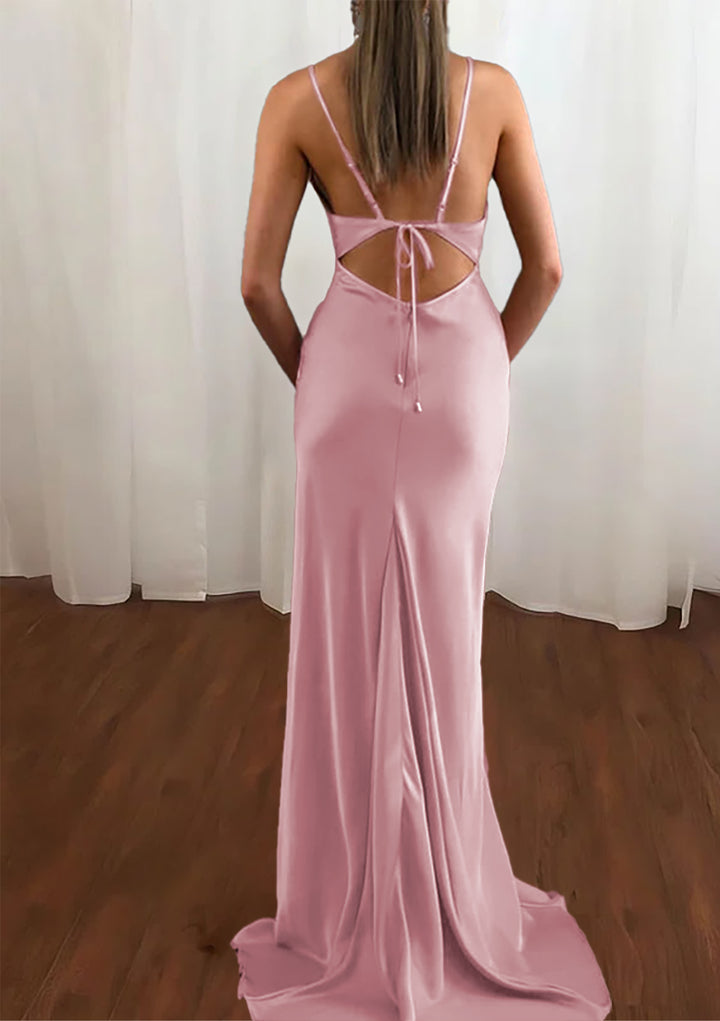 Lumidress Pink Satin Cowl Neck Mermaid Prom Dress with Spaghetti Straps