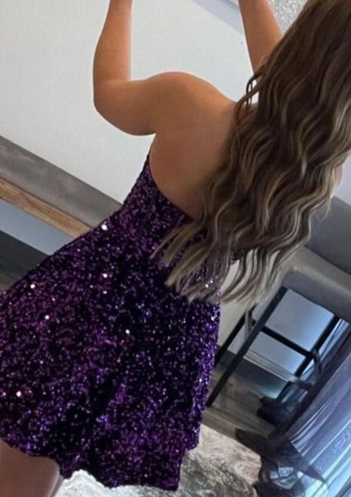 Lumidress Charming Velvet Sequin Sweetheart A-Line Mini Homecoming Dress with Pockets