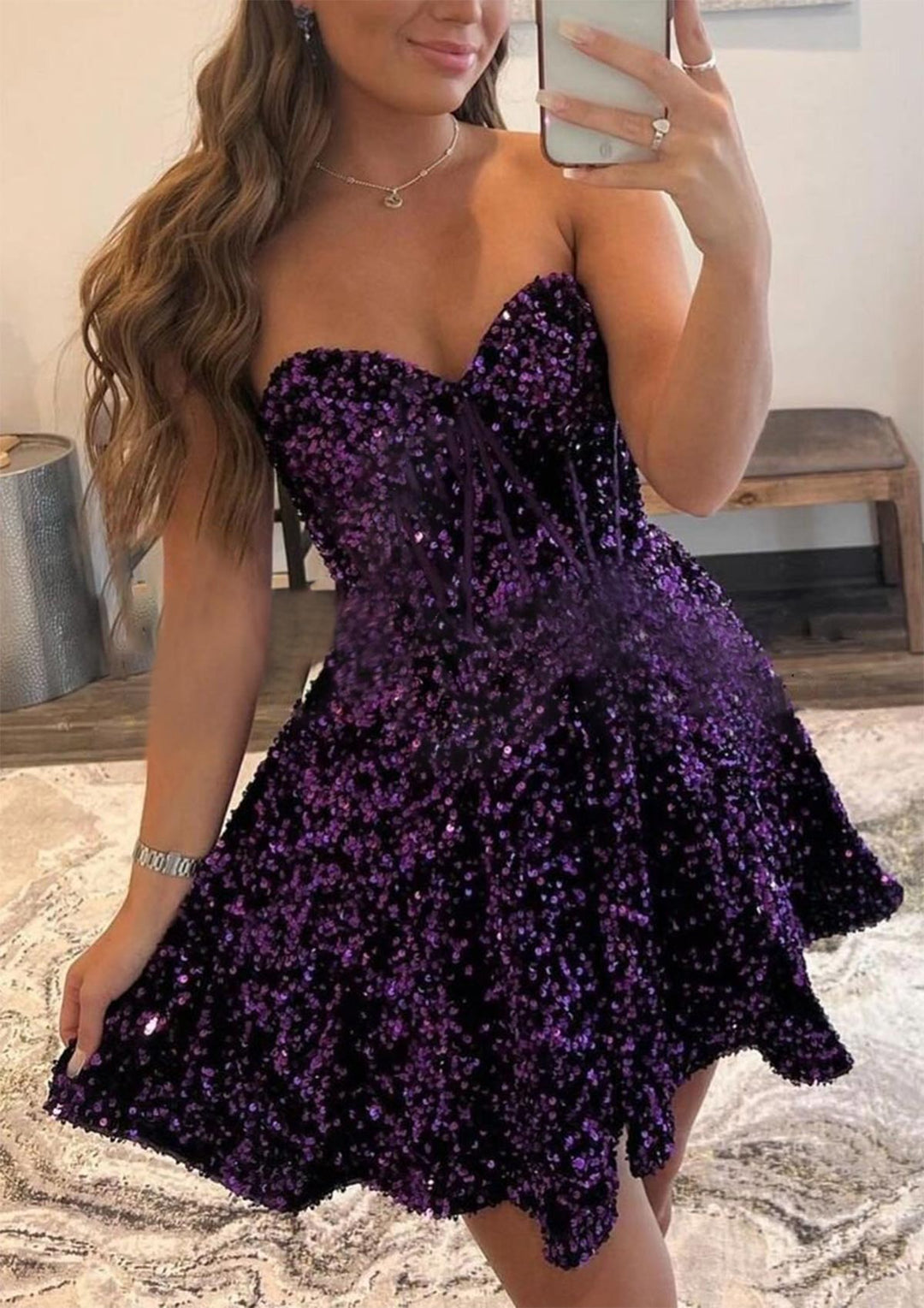 Lumidress Charming Velvet Sequin Sweetheart A-Line Mini Homecoming Dress with Pockets
