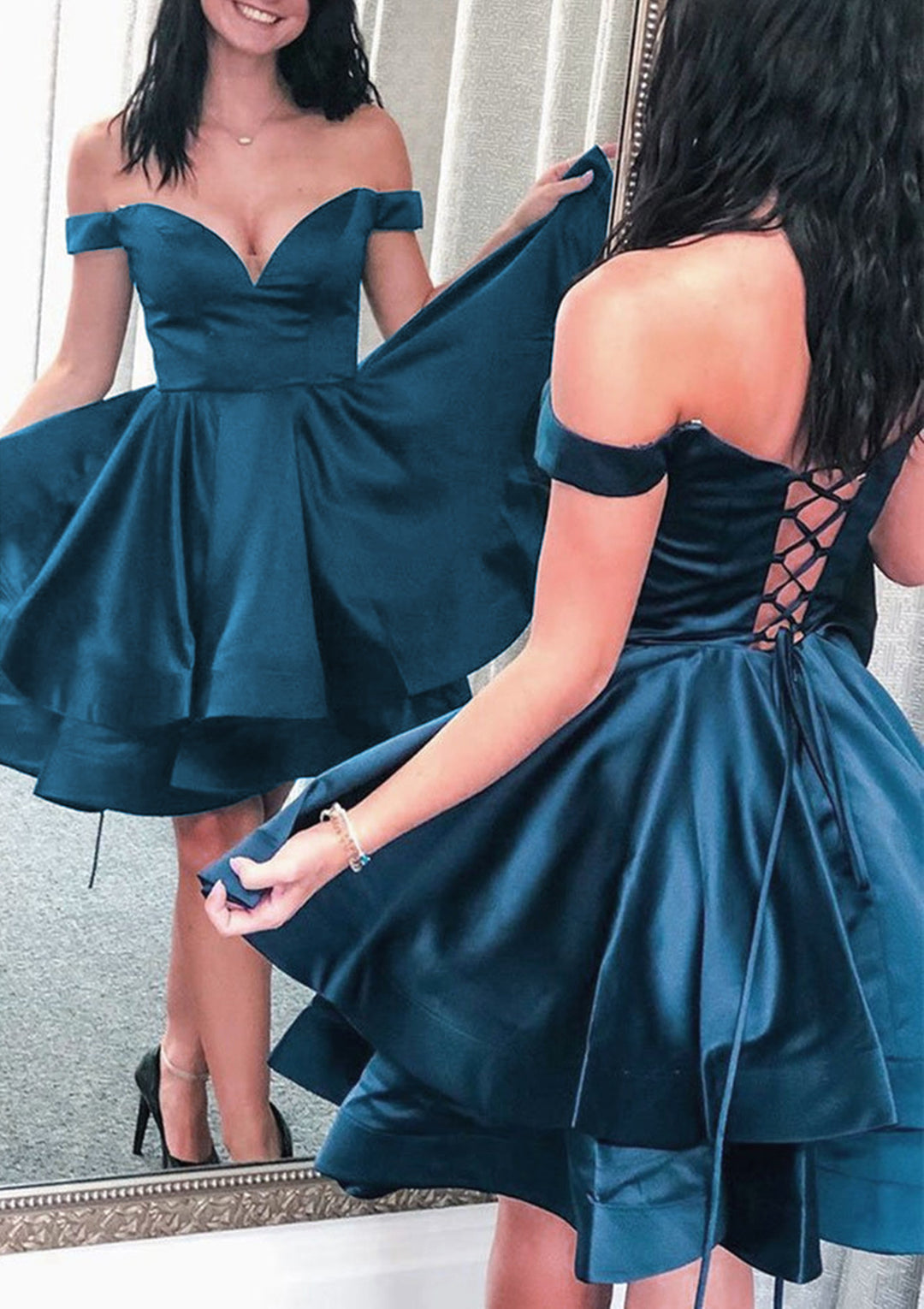 Lumidress Elegant Off-the-Shoulder Satin A-Line Short Homecoming Dress