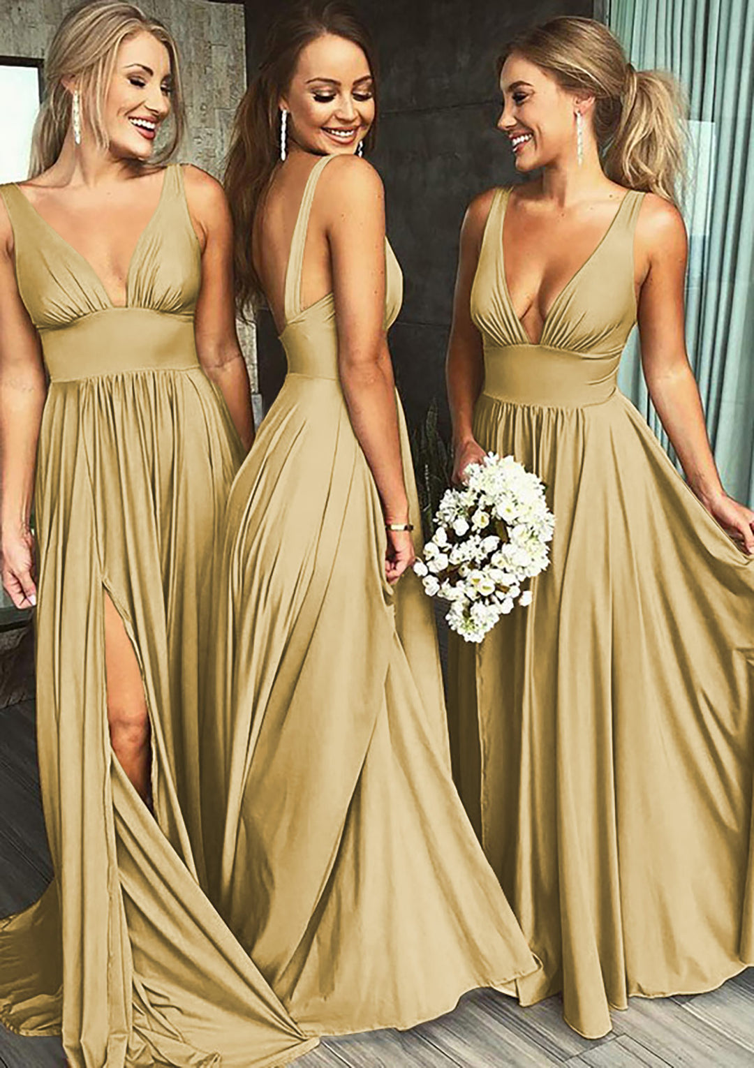 Lumidress V-Neck A-Line Bridesmaid Dress with Pleated Waist &amp; Front Slit