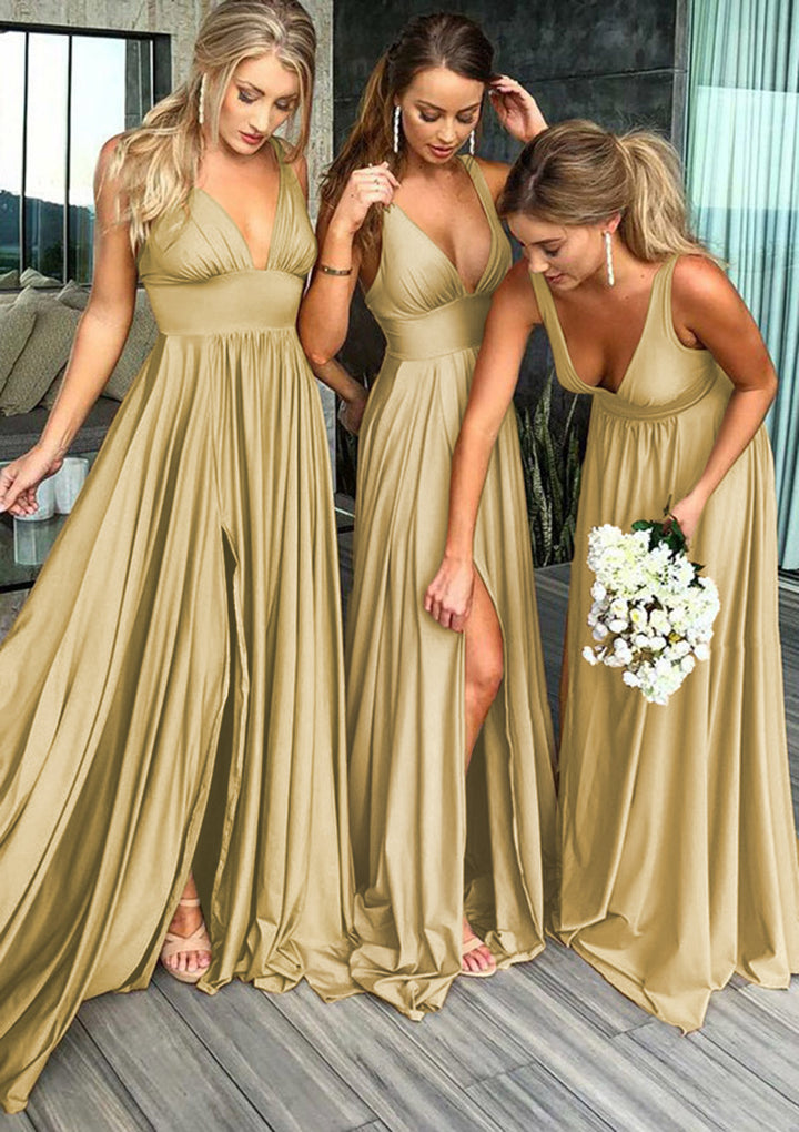 Lumidress V-Neck A-Line Bridesmaid Dress with Pleated Waist &amp; Front Slit