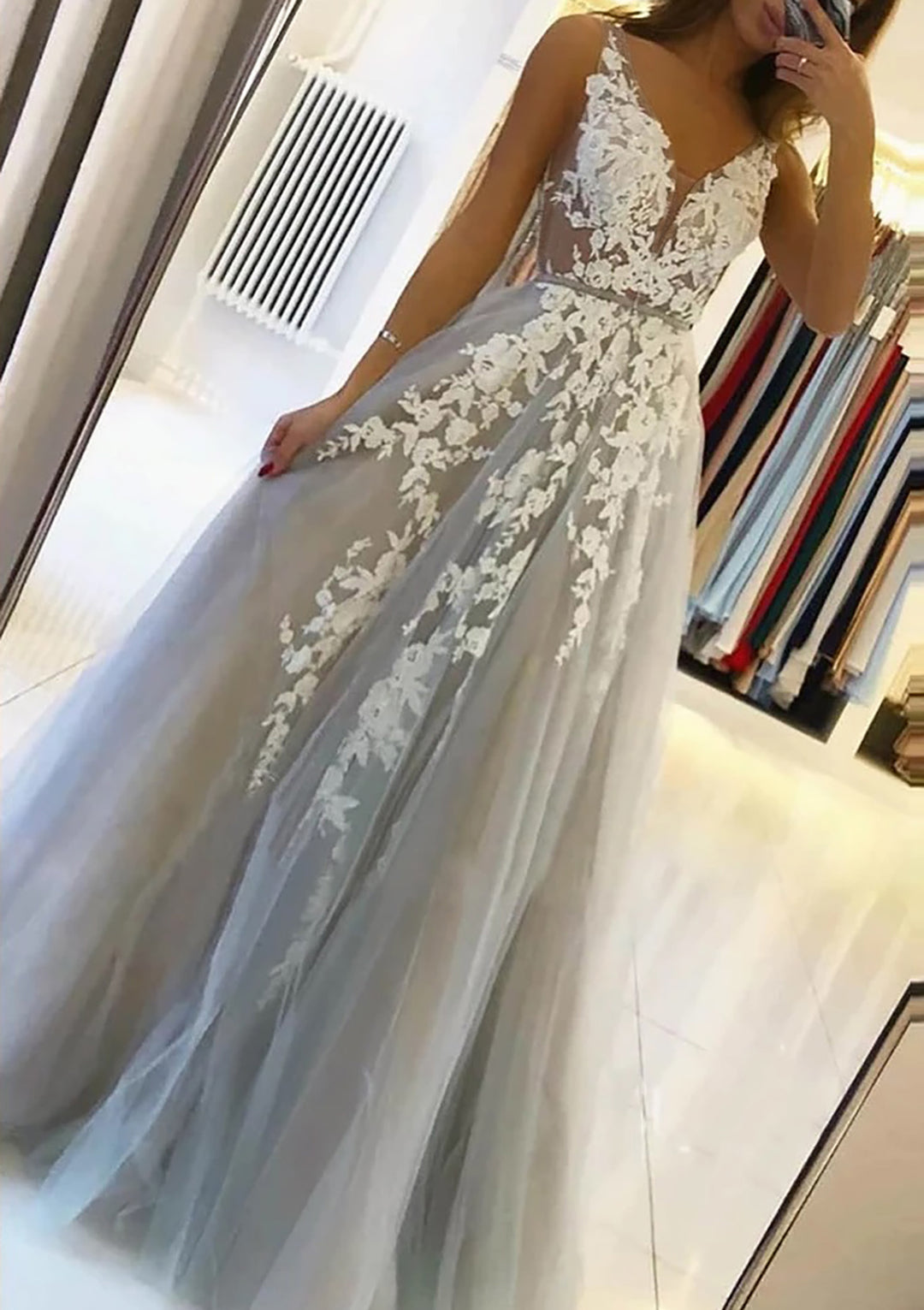 Lumidress Silver V-Neck Sleeveless Tulle Prom Dress with White Lace Appliqués