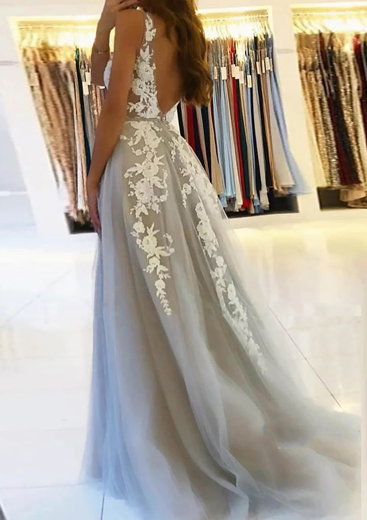 Lumidress Silver V-Neck Sleeveless Tulle Prom Dress with White Lace Appliqués