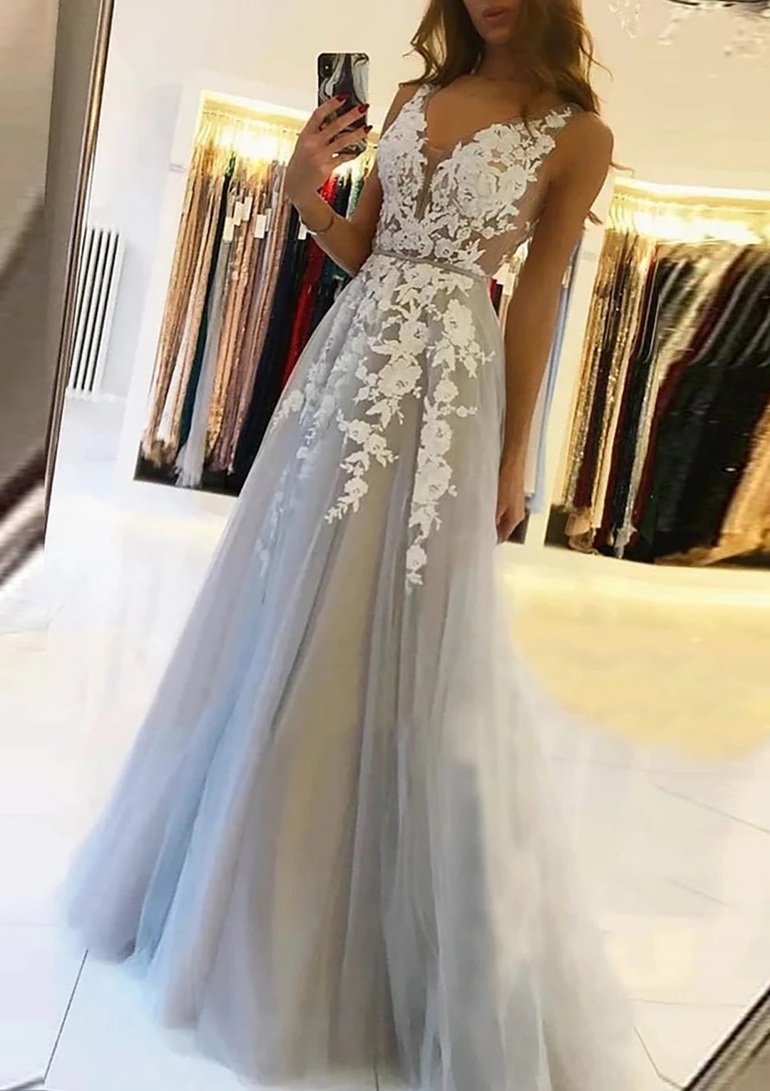 Lumidress Silver V-Neck Sleeveless Tulle Prom Dress with White Lace Appliqués
