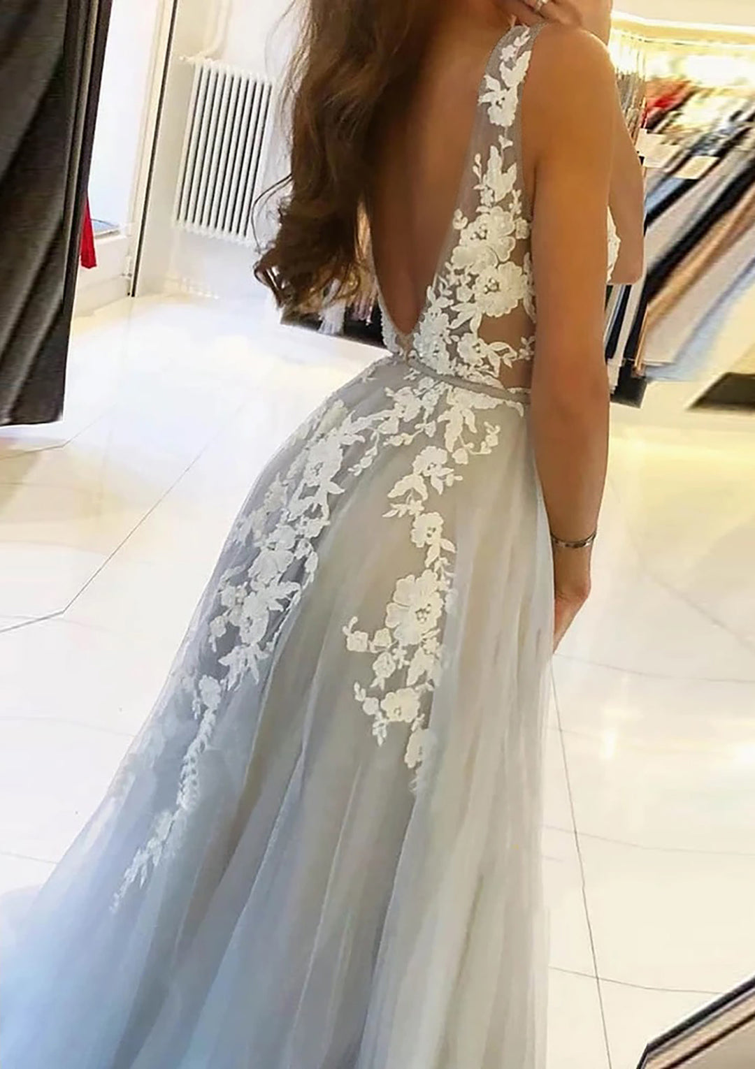 Lumidress Silver V-Neck Sleeveless Tulle Prom Dress with White Lace Appliqués