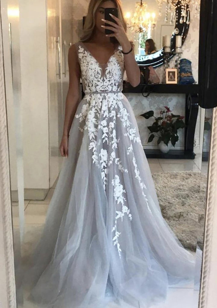 Lumidress Silver V-Neck Sleeveless Tulle Prom Dress with White Lace Appliqués