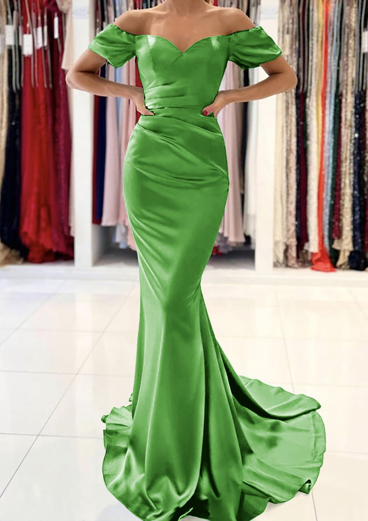 Lumidress Green Off-the-Shoulder Short Sleeve Mermaid Satin Prom Dress