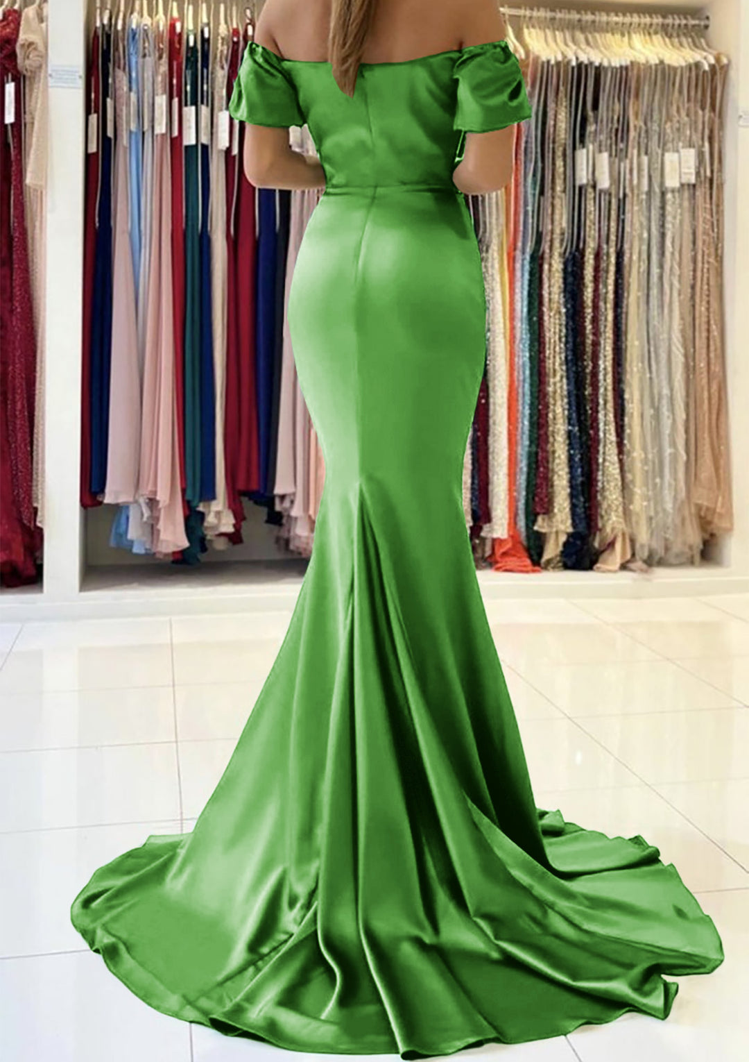 Lumidress Green Off-the-Shoulder Short Sleeve Mermaid Satin Prom Dress