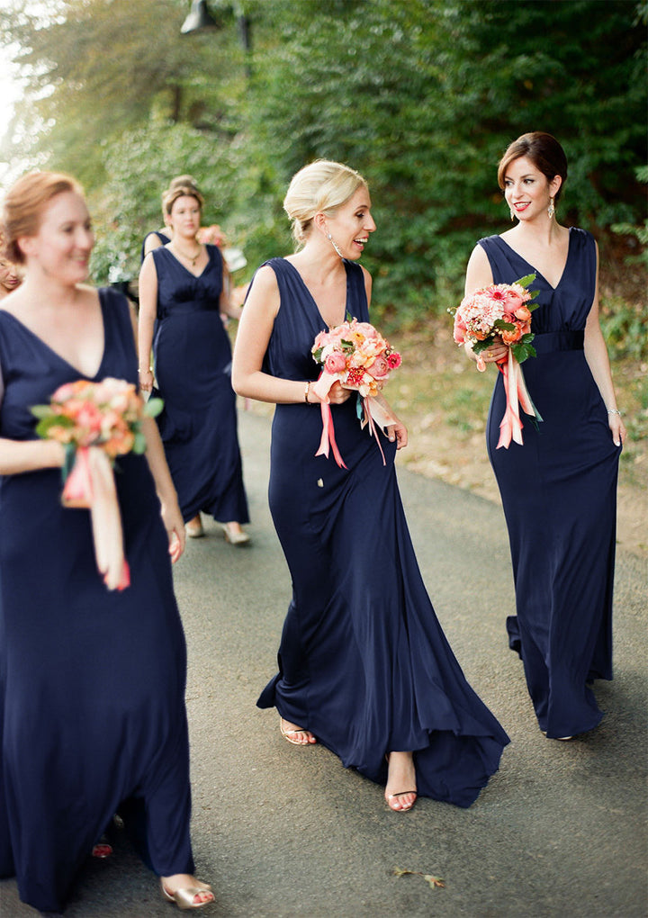 Lumidress Navy Blue Sleeveless V-Neck Long Bridesmaid Dress