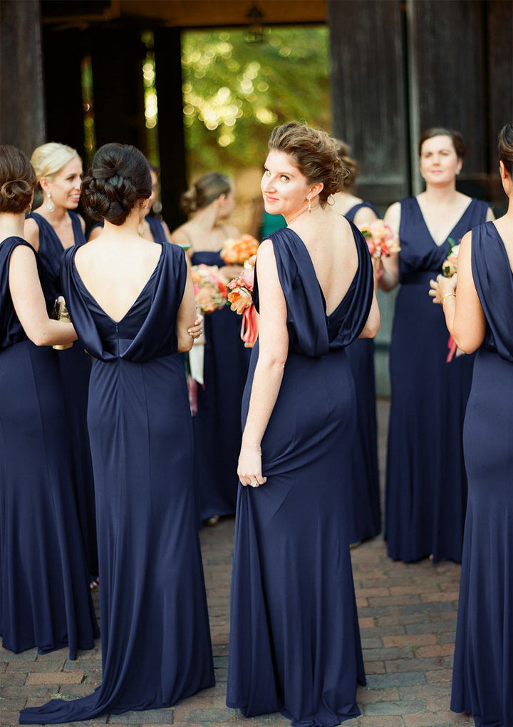 Lumidress Navy Blue Sleeveless V-Neck Long Bridesmaid Dress