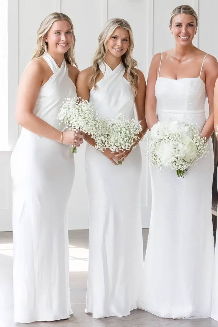 Lumidress Black Satin Halter Bridesmaid Dress with Open Back and Bow Detail