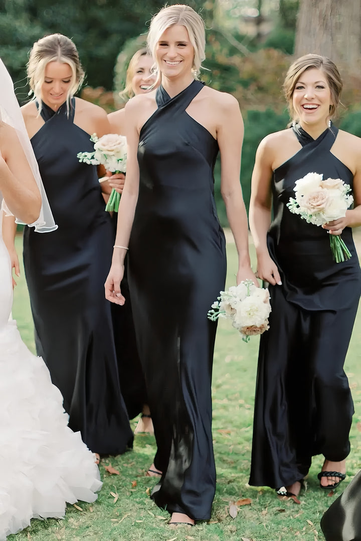 Lumidress Black Satin Halter Bridesmaid Dress with Open Back and Bow Detail