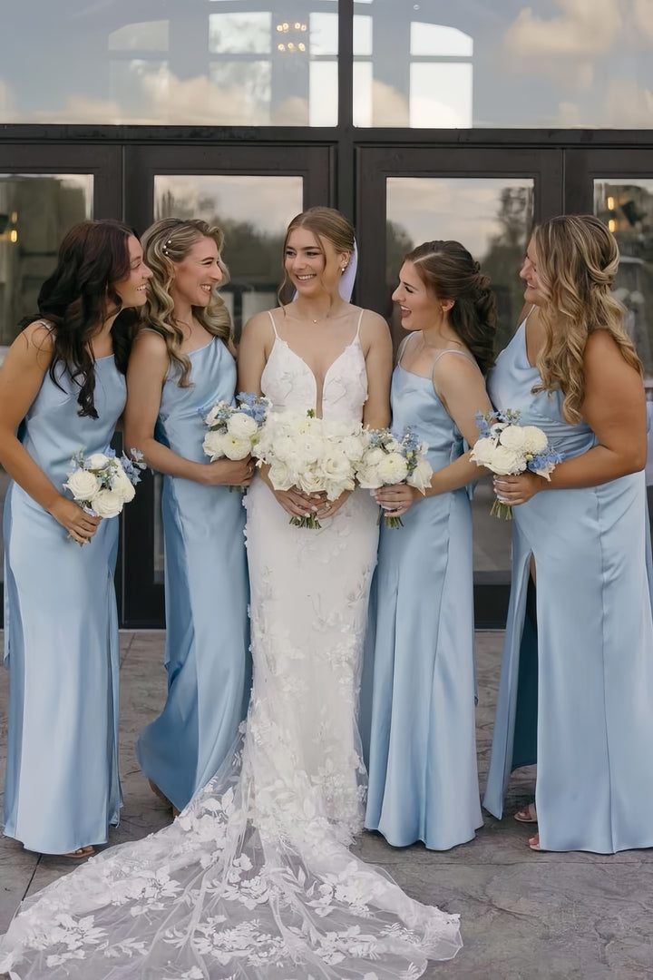 Lumidress Elegant Blue Satin Spaghetti Strap Bridesmaid Dress with Slit