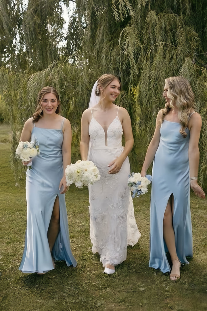 Lumidress Elegant Blue Satin Spaghetti Strap Bridesmaid Dress with Slit
