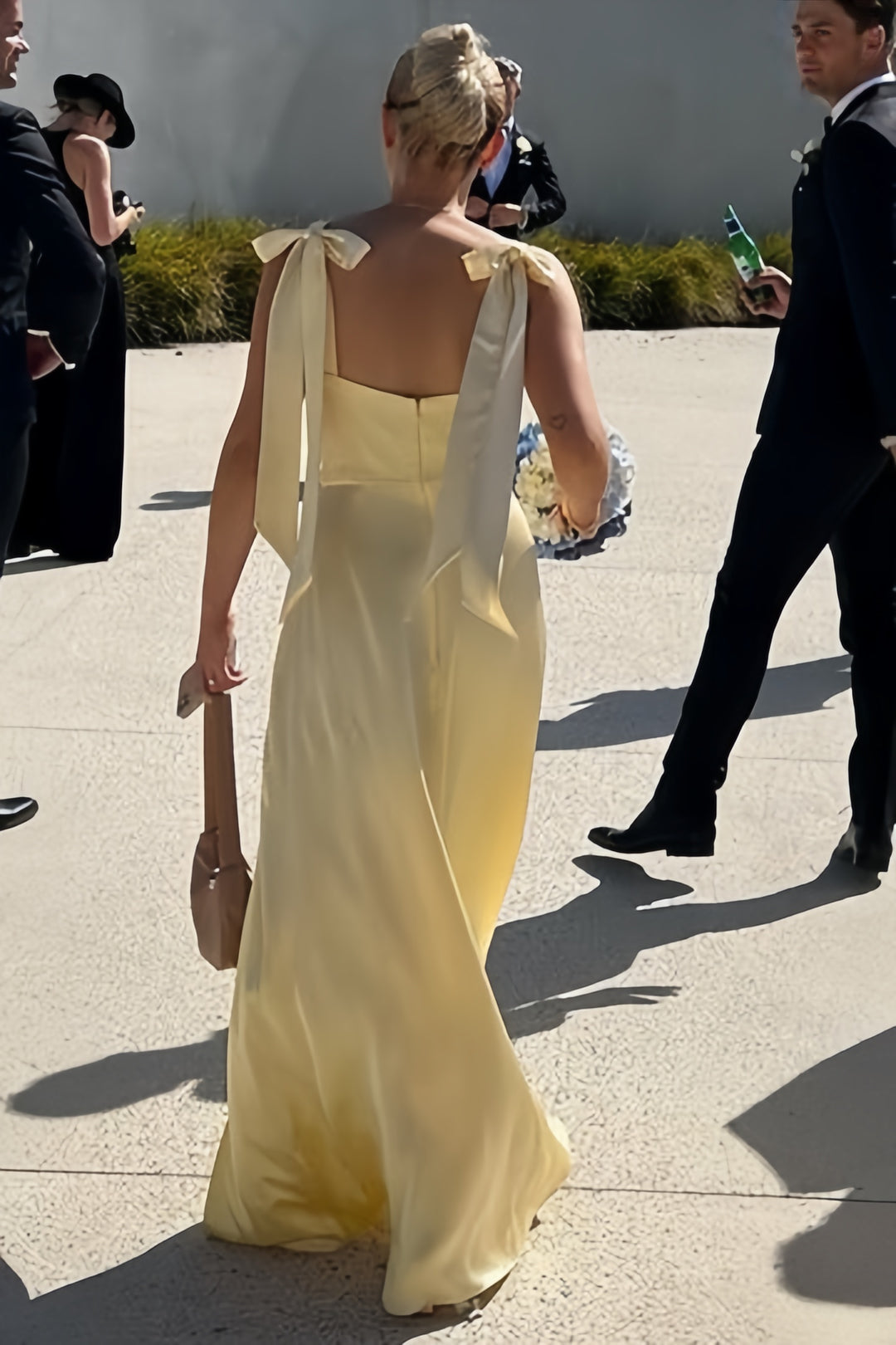 Lumidress Elegant Light Yellow Straps Bow A-Line Bridesmaid Dress with Slit
