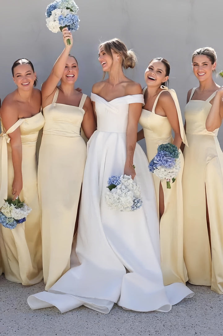 Lumidress Elegant Light Yellow Straps Bow A-Line Bridesmaid Dress with Slit