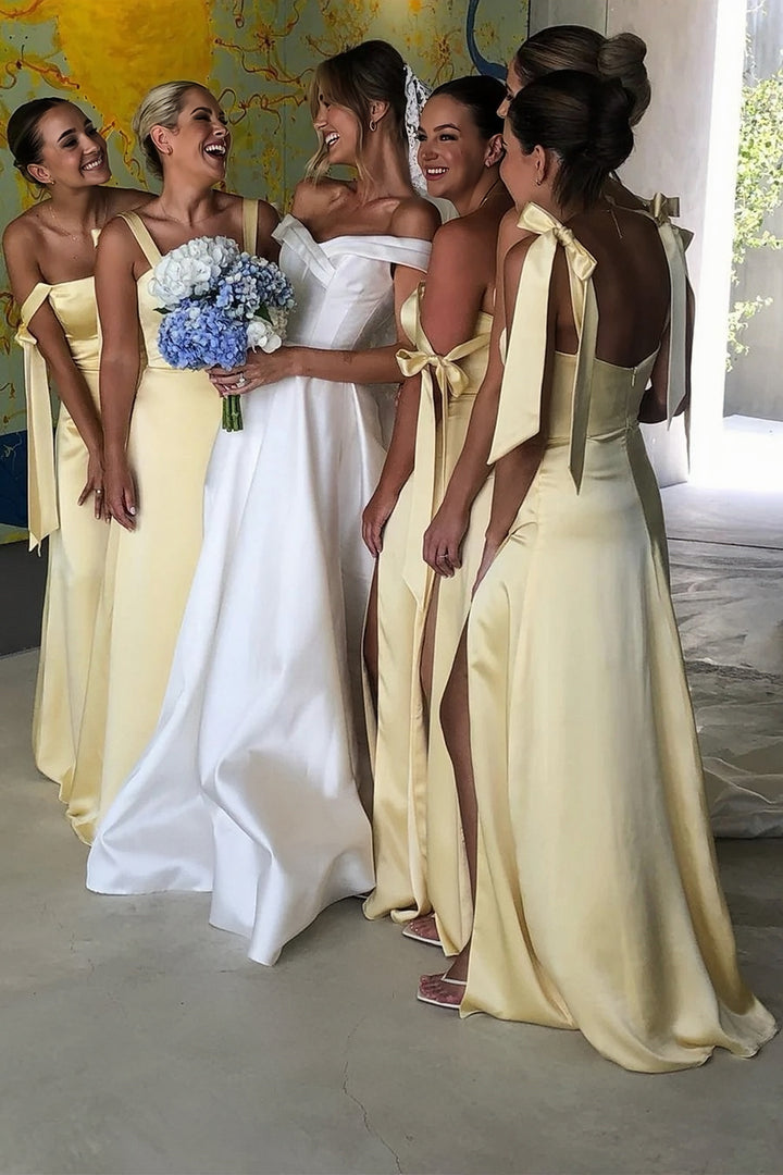 Lumidress Elegant Light Yellow Straps Bow A-Line Bridesmaid Dress with Slit