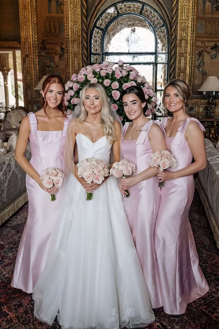 Lumidress Blush Pink Satin Square-Neck Bridesmaid Dress with Bow Straps