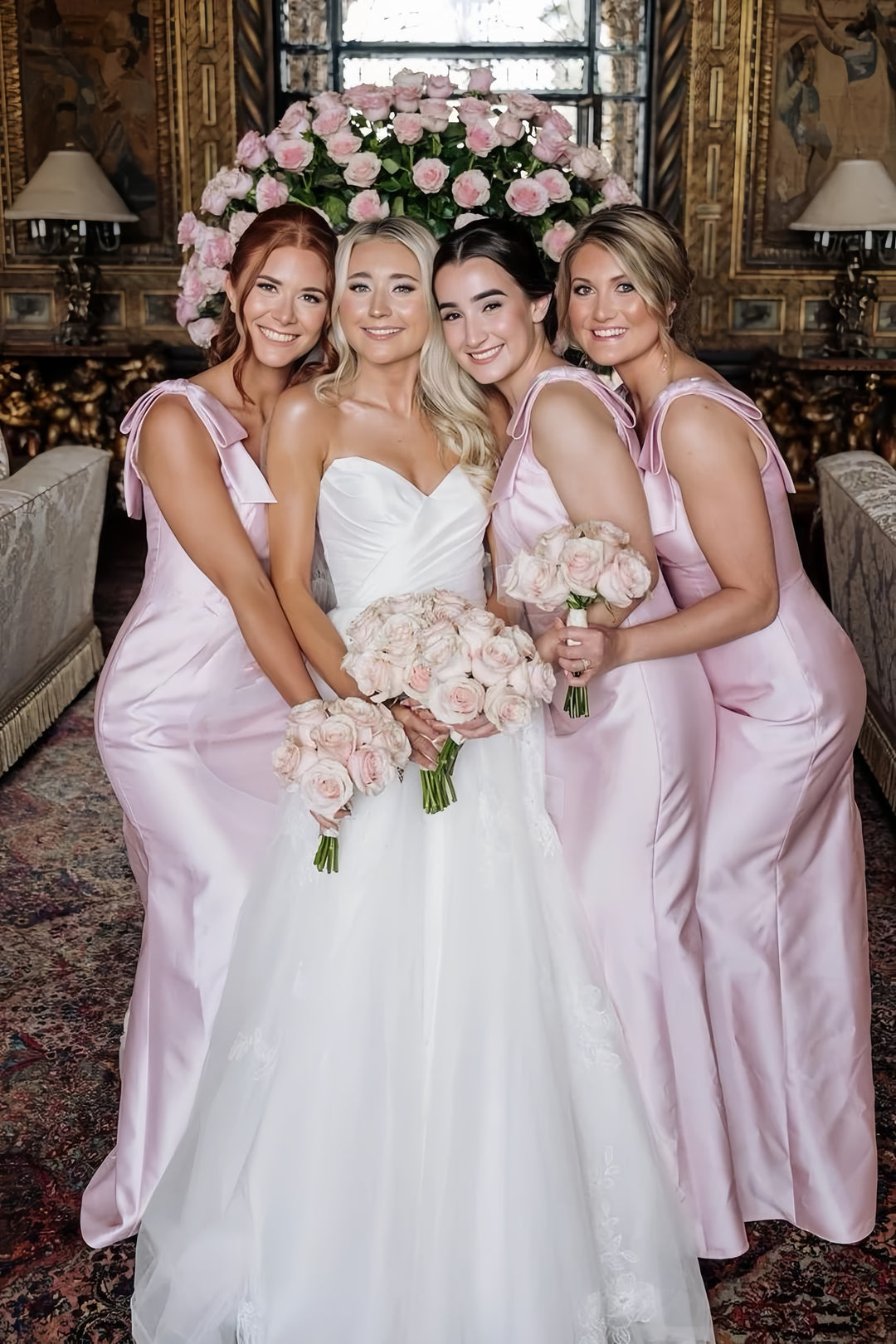 Lumidress Blush Pink Satin Square-Neck Bridesmaid Dress with Bow Straps