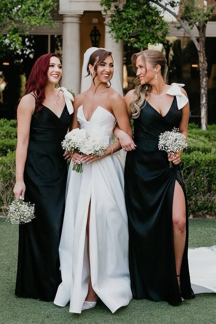 Lumidress Black Satin V-Neck Spaghetti Strap Bridesmaid Dress with White Bow