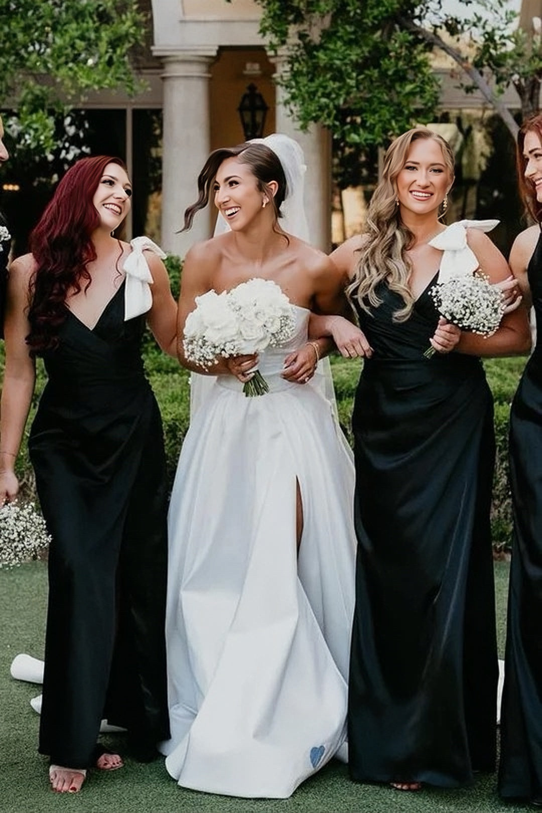 Lumidress Black Satin V-Neck Spaghetti Strap Bridesmaid Dress with White Bow