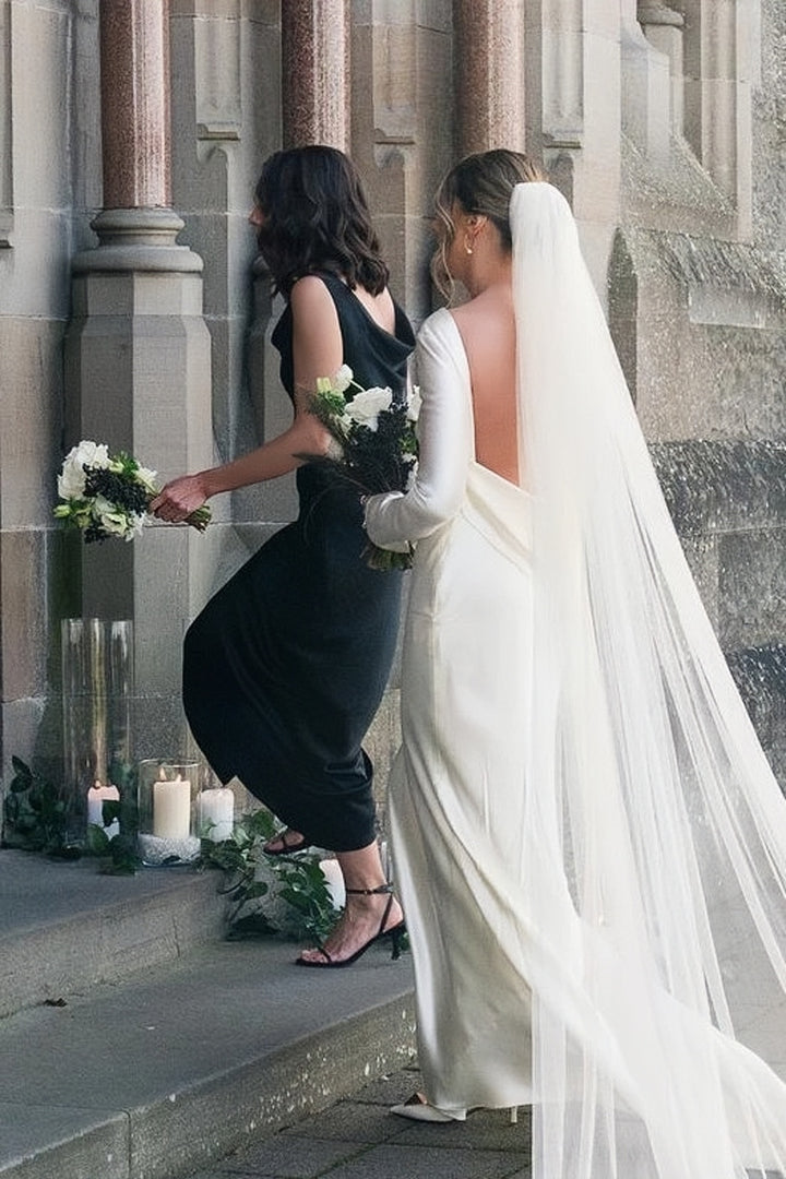 Lumidress Black Satin Cowl Neck Sleeveless Long Bridesmaid Gown