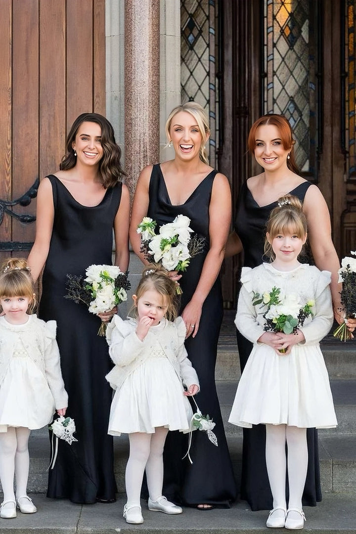 Lumidress Black Satin Cowl Neck Sleeveless Long Bridesmaid Gown