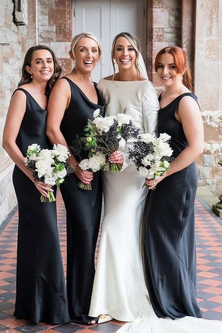 Lumidress Black Satin Cowl Neck Sleeveless Long Bridesmaid Gown