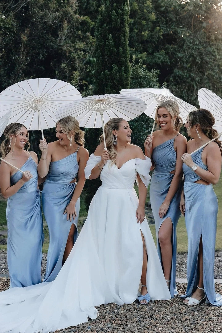 Lumidress Satin One-Shoulder Mermaid Bridesmaid Gown with Side Slit