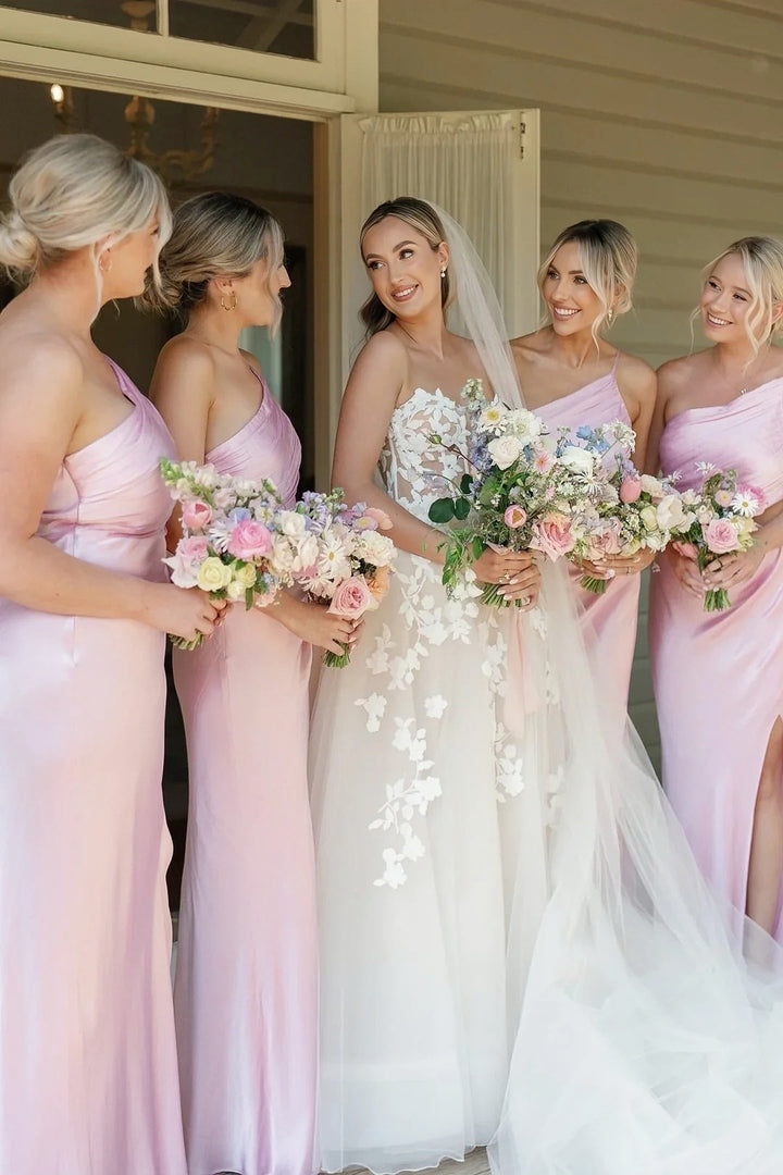 Lumidress Satin One-Shoulder Mermaid Bridesmaid Gown with Side Slit