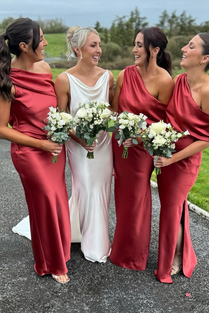 Lumidress Elegant One-Shoulder Satin Bridesmaid Dress with Draped Neckline and Side Slit