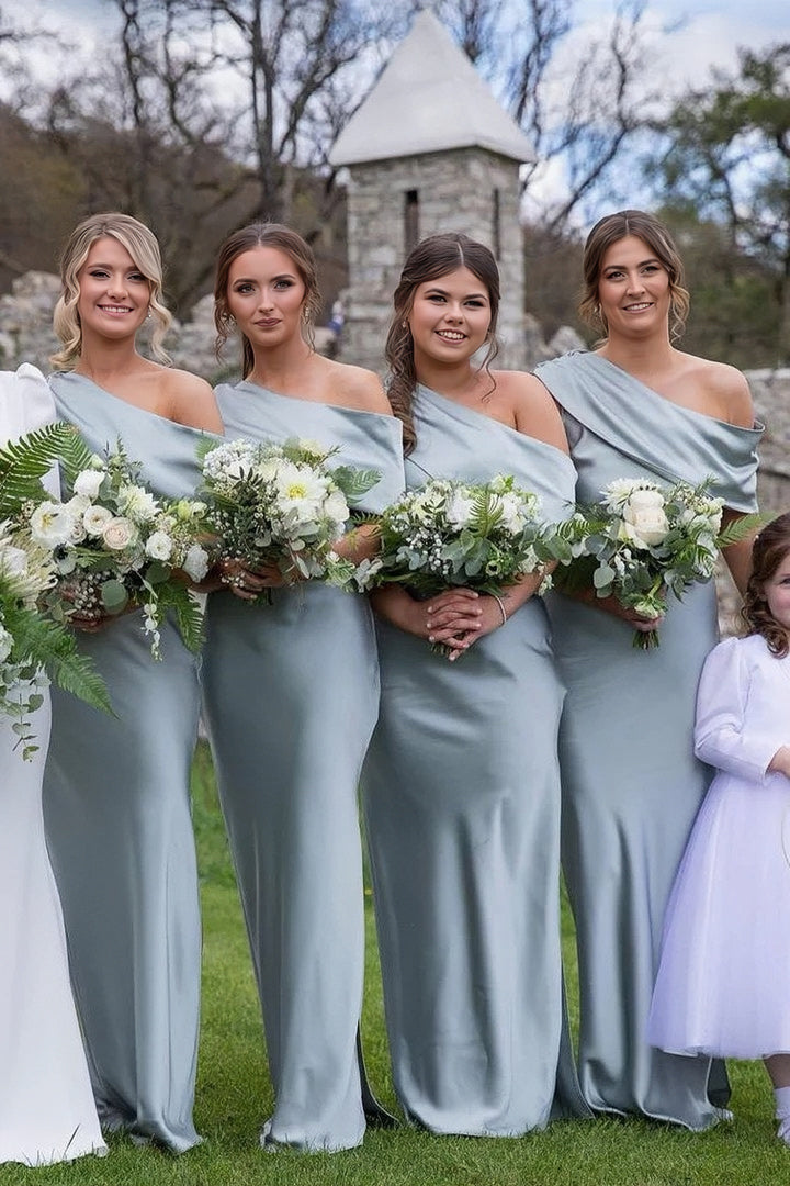Lumidress Elegant One-Shoulder Satin Bridesmaid Dress with Draped Neckline and Side Slit