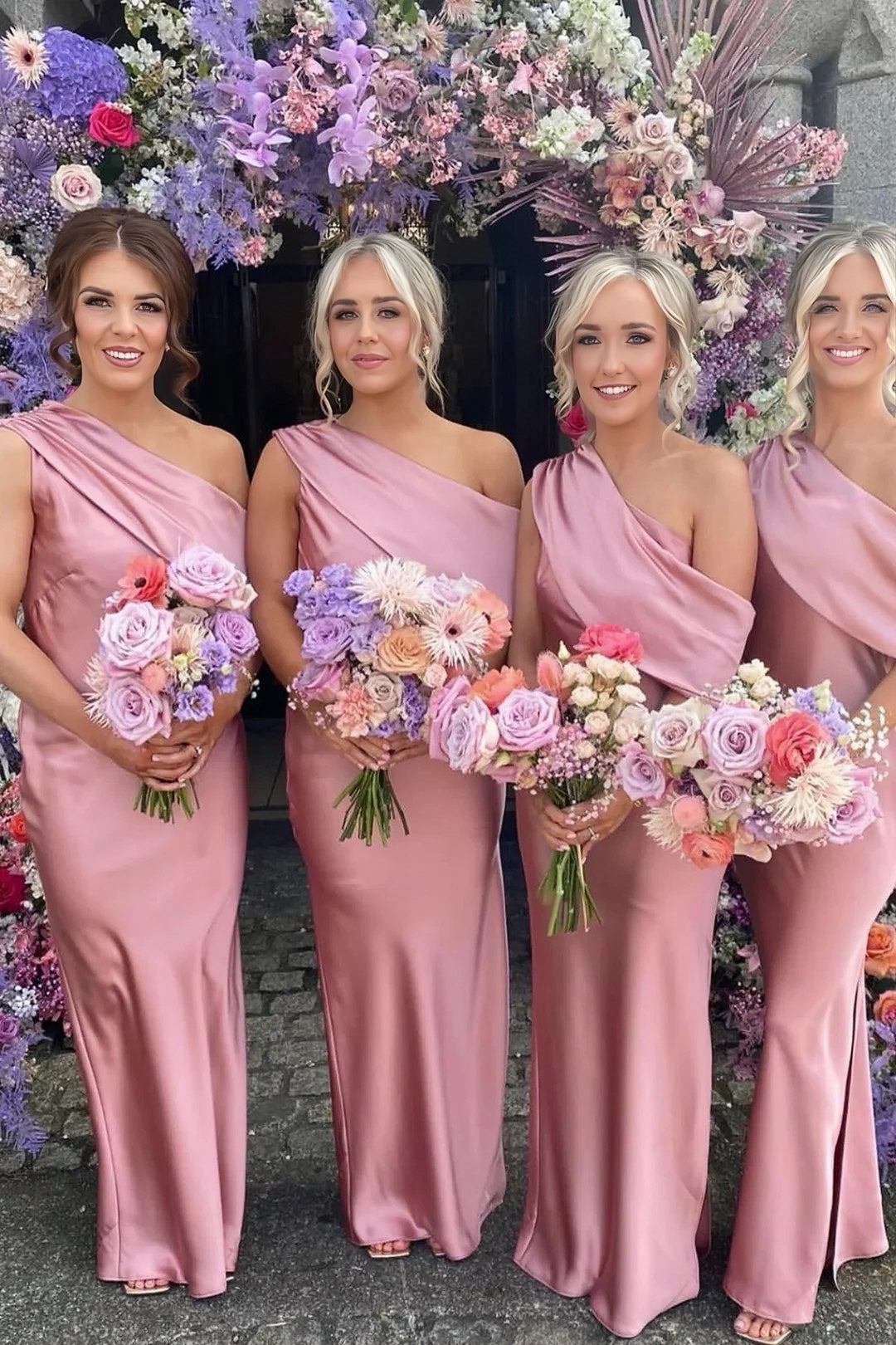 Lumidress Elegant One-Shoulder Satin Bridesmaid Dress with Draped Neckline and Side Slit