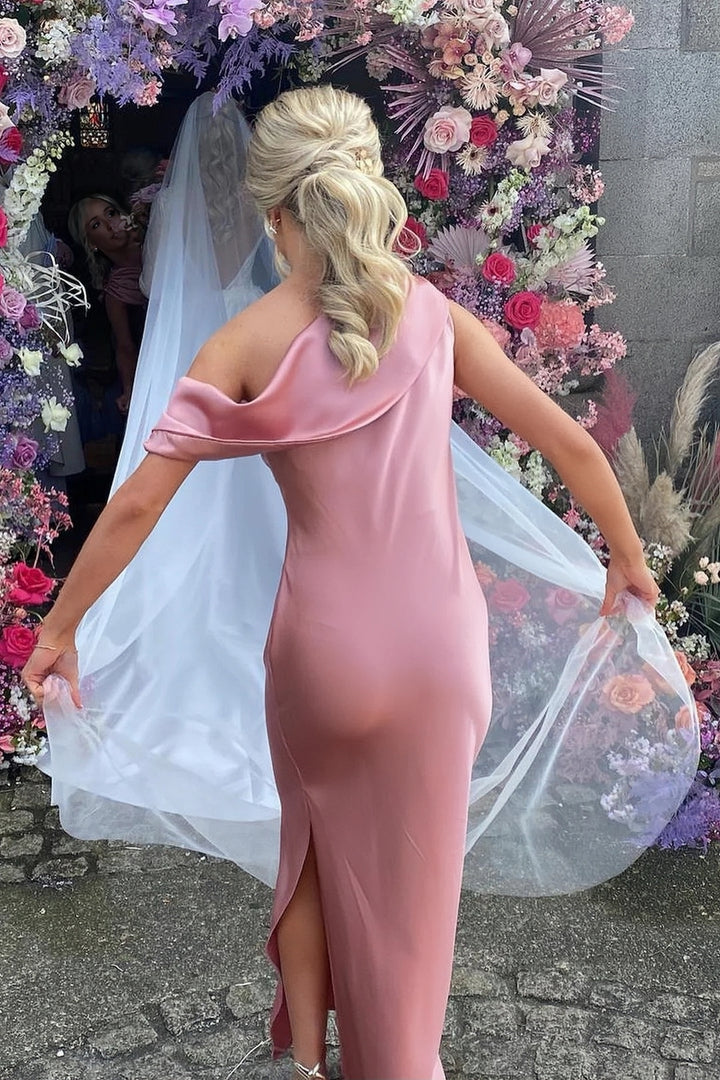 Lumidress Elegant One-Shoulder Satin Bridesmaid Dress with Draped Neckline and Side Slit