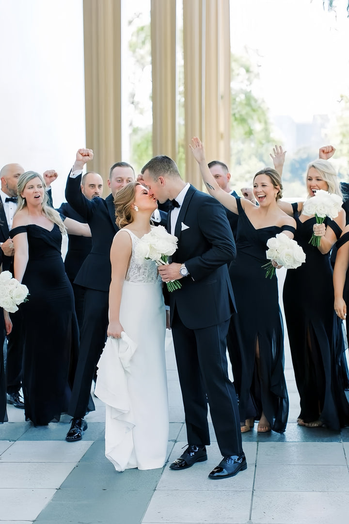 Lumidress Black Off-Shoulder Chiffon Bridesmaid Gown with V-Neck and Side Slit