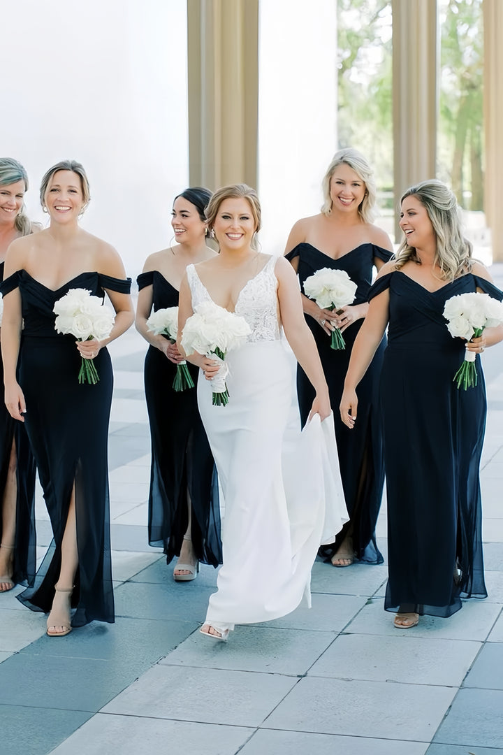 Lumidress Black Off-Shoulder Chiffon Bridesmaid Gown with V-Neck and Side Slit