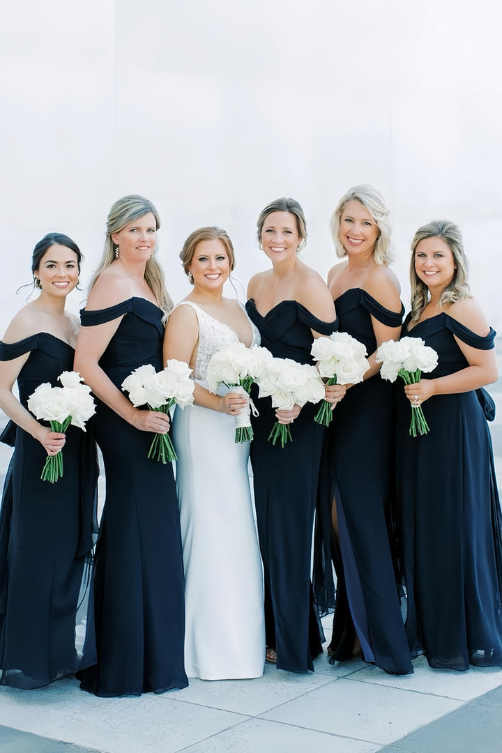Lumidress Black Off-Shoulder Chiffon Bridesmaid Gown with V-Neck and Side Slit