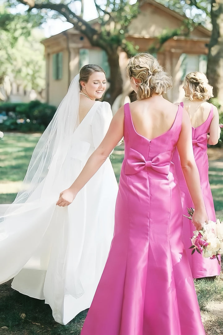 Lumidress Fuchsia Satin Square Neck Mermaid Bridesmaid Dress with Bow