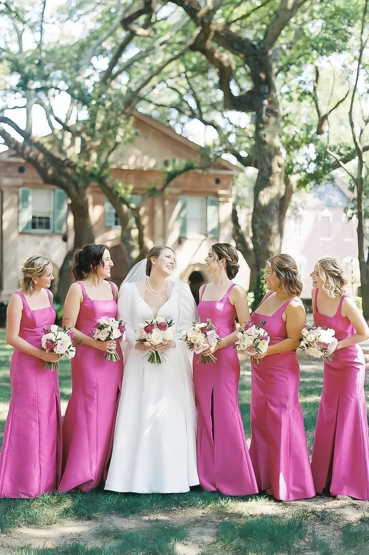 Lumidress Fuchsia Satin Square Neck Mermaid Bridesmaid Dress with Bow