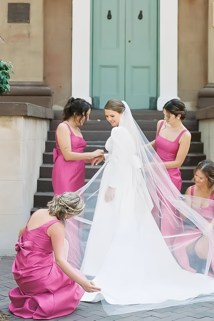 Lumidress Fuchsia Satin Square Neck Mermaid Bridesmaid Dress with Bow