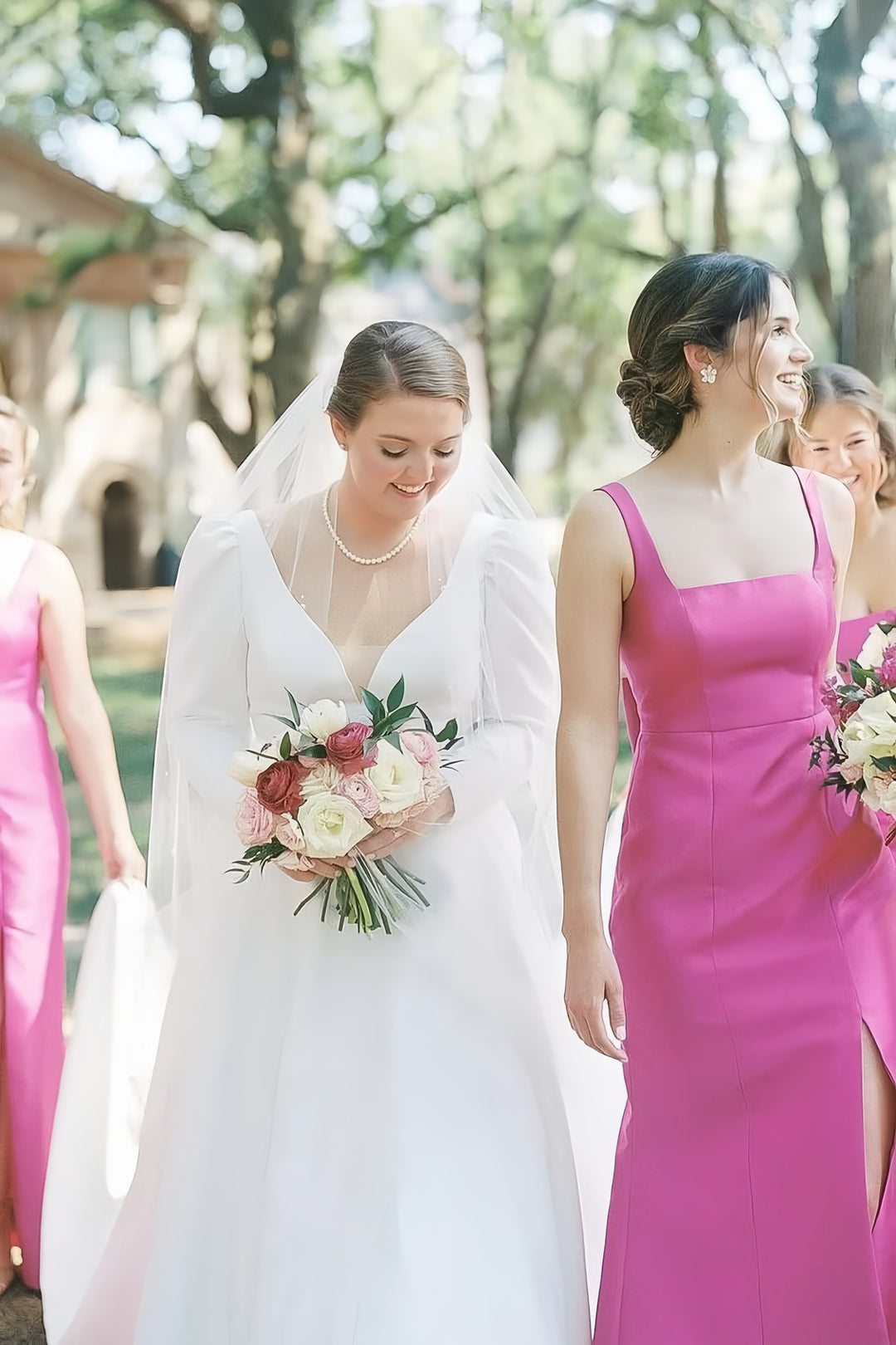 Lumidress Fuchsia Satin Square Neck Mermaid Bridesmaid Dress with Bow