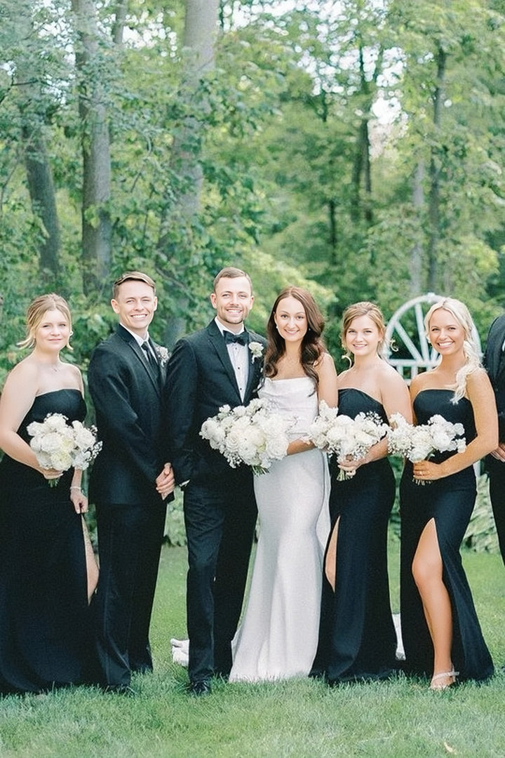 Lumidress Elegant Black Strapless Satin Long Bridesmaid Dress with Slit