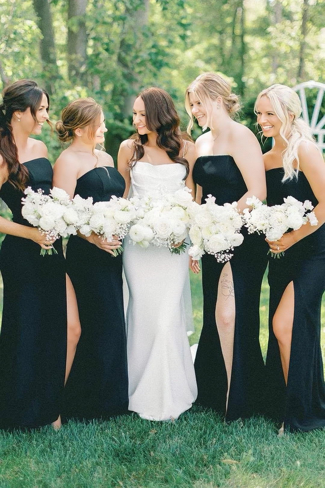 Lumidress Elegant Black Strapless Satin Long Bridesmaid Dress with Slit