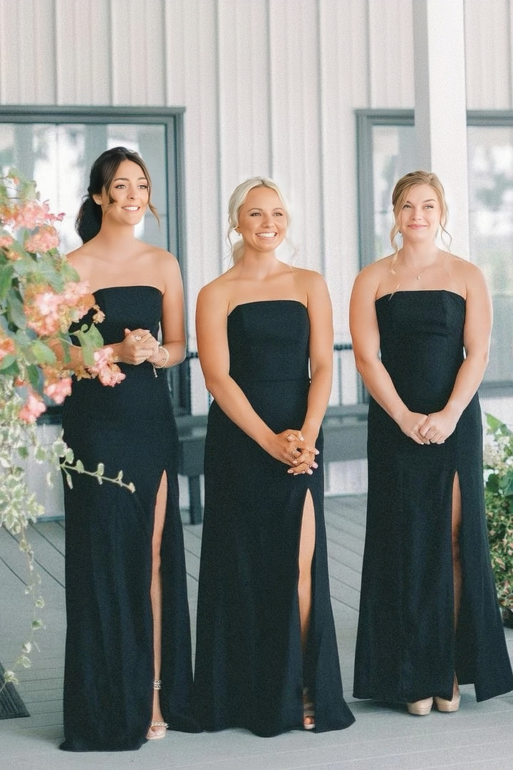 Lumidress Elegant Black Strapless Satin Long Bridesmaid Dress with Slit