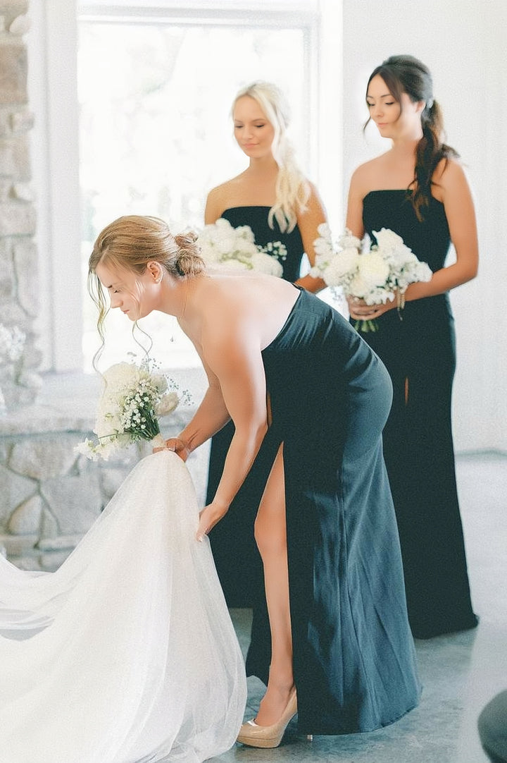 Lumidress Elegant Black Strapless Satin Long Bridesmaid Dress with Slit
