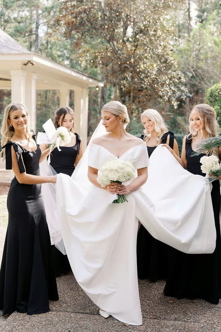 Lumidress Elegant Black Square-Neck Floor-Length Bridesmaid Dress with Bow Straps