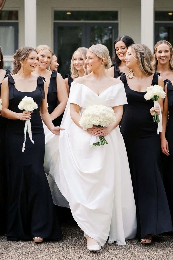 Lumidress Elegant Black Square-Neck Floor-Length Bridesmaid Dress with Bow Straps